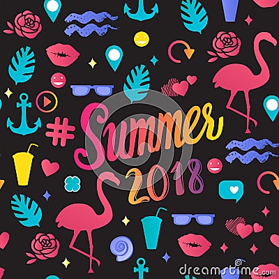 Vector seamless pattern Summer 2018 inscription with trend illustrations isolated on black background. Vector Illustration