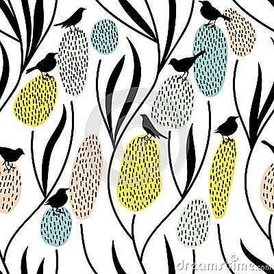 Vector seamless pattern. Summer mood. Plants and Birds. Stock Photo