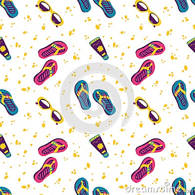 Vector seamless pattern summer things, vacation on the beach. Shoes, glasses, sand and cream. Illustration isolated on white Vector Illustration