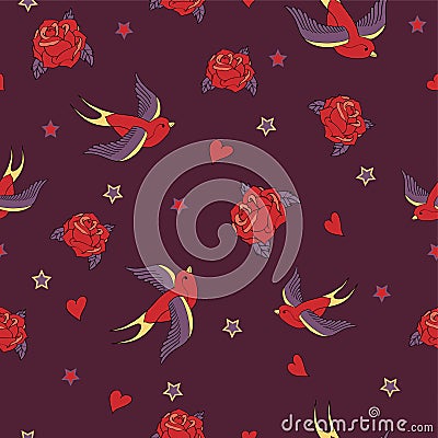 Vector seamless pattern with swallows, roses, hearts and stars Vector Illustration