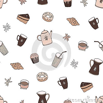 Vector seamless pattern with sweets, cups, teapot. Hand drawn illustration. Food ornament Vector Illustration