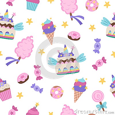Vector seamless pattern with sweets. Cute rainbow, unicorn themed repeat background with cake, ice cream, lollypop, cotton candy, Vector Illustration
