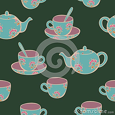 Vector seamless pattern of tea service parts decorated with flower design on dark green background. Vector Illustration