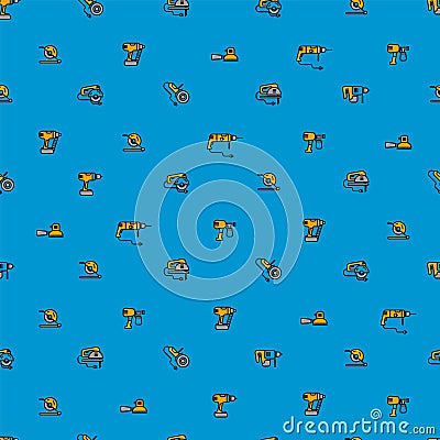 Vector seamless pattern template with linear color icons, builder hand tools isolated on blue background Vector Illustration