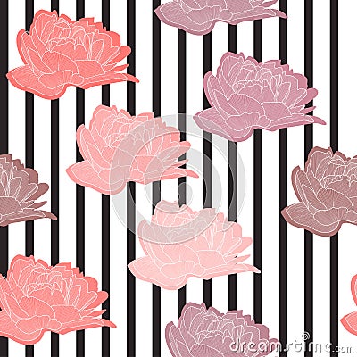 Vector seamless pattern, texture, print with flowers and stripes. Trendy elements. Floral ornaments. Pions. Vector Illustration