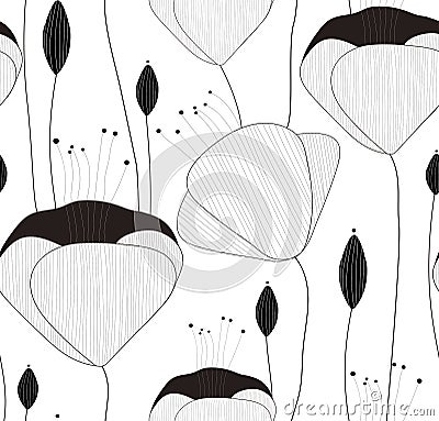 Vector seamless pattern, texture, print with hand drawn flowers and buds on the transparent background Vector Illustration