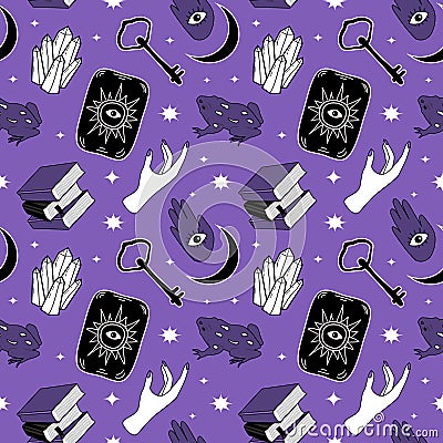 Vector seamless pattern on the theme of magic, mysticism, witchcraft, halloween, esoteric. flat style pattern with magic items Vector Illustration