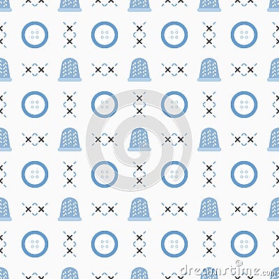 Seamless pattern with thimbles and buttons. Sewing and needlework background. Template for design, fabric, print Vector Illustration