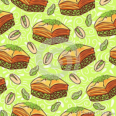 Vector seamless pattern with traditional middle eastern dessert Baklava with pistachio nuts. Vector Illustration
