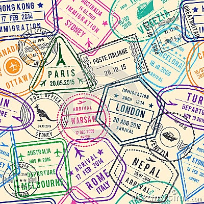 Vector seamless pattern of travel illustrations with stamps, visa and different documents for traveling Vector Illustration