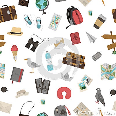 Vector seamless pattern with traveling objects isolated on white background. Trendy journey texture. Travel icons background. Vector Illustration