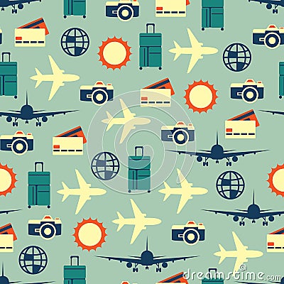 Vector seamless pattern of travelling on airplane. Tourism background Vector Illustration