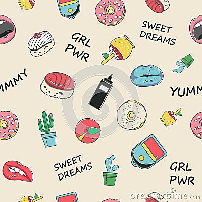 Vector seamless pattern with trendy teenage patch icon in pastel colors. Vector Illustration