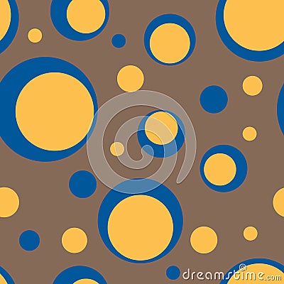 Vector seamless pattern. Trendy tones color of Fashion Spring Summer 2022. Blue and yellow circles on brown Coca Mocha background Vector Illustration