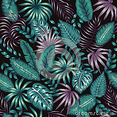 Vector seamless pattern of tropic green and purple foliage on black background. Summer or spring repeat vintage tropical backdrop Vector Illustration