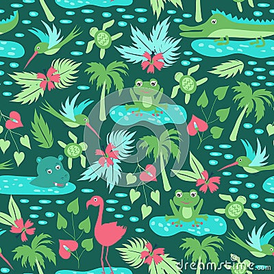 Vector seamless pattern with tropical animals Vector Illustration