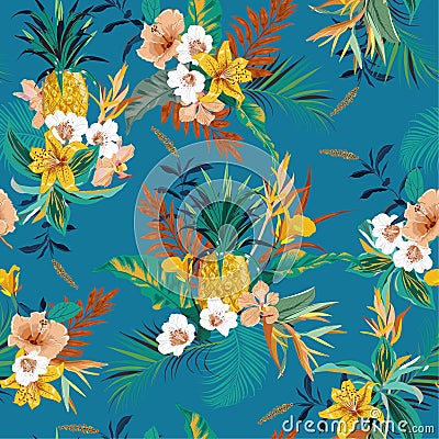 Vector seamless pattern tropical ,colorful exotic plants and foliage, monstera leaf, palm , summer fruits ,bird of paradise ,lily Stock Photo
