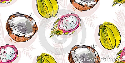 Vector seamless pattern with tropical fruit. Summer illustration. Vector Illustration
