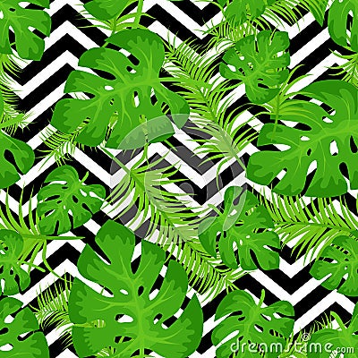 Vector seamless pattern with tropical leaves on abstract white black geometric zigzag background. Cute bright and fun Vector Illustration