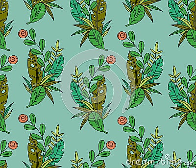 Vector seamless pattern of tropical leaves and flower Stock Photo