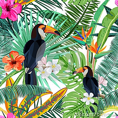 Vector seamless pattern with tropical palm leaves, flowers and bird toucan. Summer design for fashion textile prints Vector Illustration