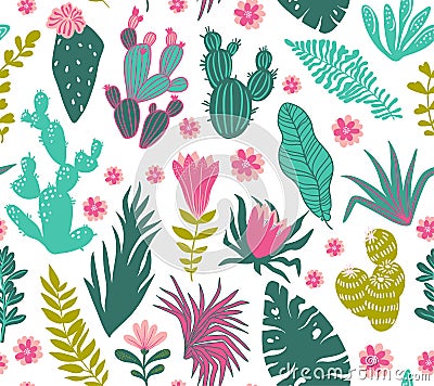 Vector seamless pattern of tropical plants, cacti, succulents, flowers. Vector Illustration
