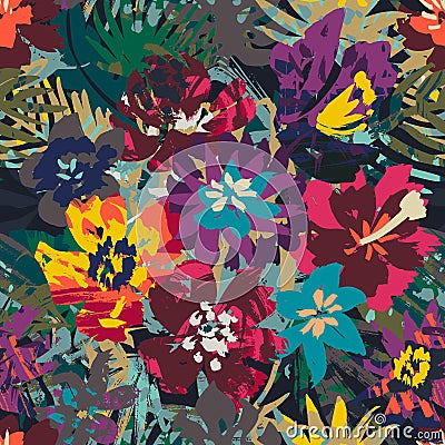 Vector seamless pattern with tropical plants and flowers. Vector Illustration