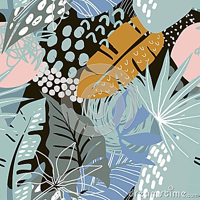 Vector seamless pattern with tropical plants and hand drawn abstract textures. Vector Illustration