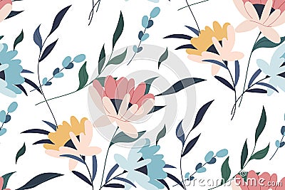 Vector seamless pattern. Tropical seamless leaves pattern. Hand drawn creative flowers. Colorful artistic background with blossom Stock Photo