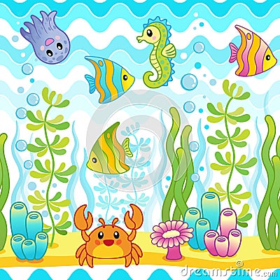 Vector seamless pattern with underwater design and funny sea creatures. Vector Illustration