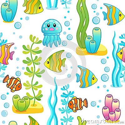 Vector seamless pattern with underwater design and funny sea creatures. Aquarium Party Surface Design with Bright fishes, red crab Vector Illustration