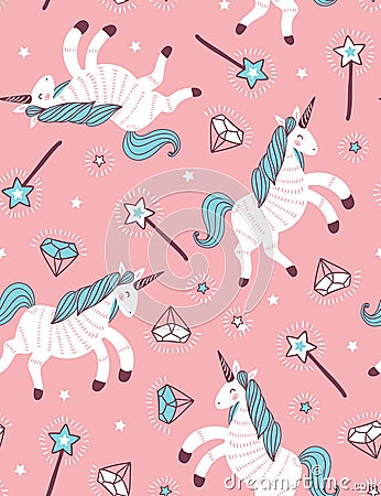 Vector seamless pattern with unicorn, magic wand and crystal on the pink background. Vector Illustration