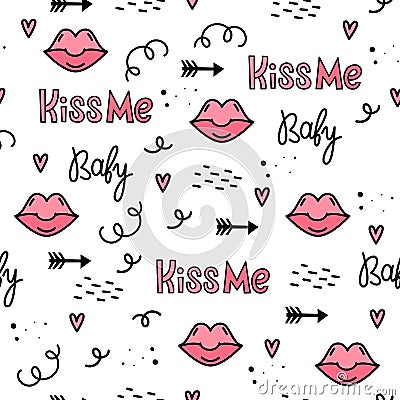 Vector seamless pattern for Valentine`s day. Lips and lettering. Kiss me baby. Hand-drawn style. Cartoon style Stock Photo