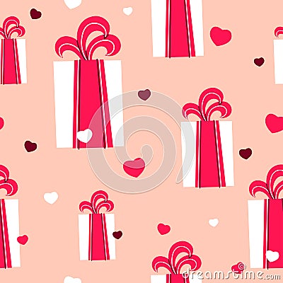 A vector seamless pattern for the valentine`s theme with gift boxes and hearts. White and pink Vector Illustration