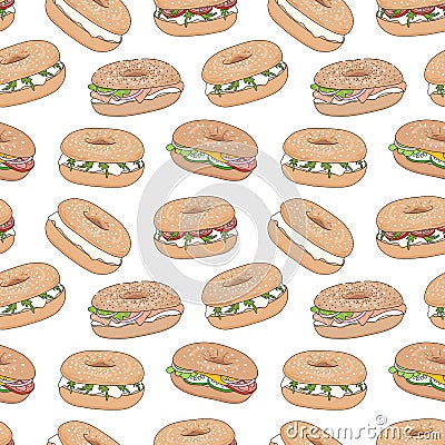 Vector seamless pattern with various fresh bagel sandwiches. Vector Illustration