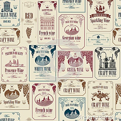 Vector seamless pattern with various wine labels Vector Illustration