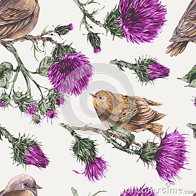 Vector seamless pattern with watercolor bird on a branch. Thistle natural wallpaper Vector Illustration