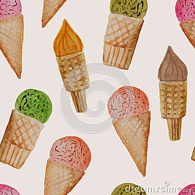 Vector Seamless Pattern with Watercolor Hand Drawn Ice Cream Vector Illustration