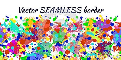 Vector seamless pattern with watercolor ink blots, splash and brush strokes. Horizontal banner, seamless border Vector Illustration