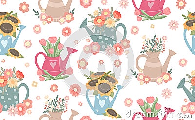 Vector seamless pattern with watering cans with tulips and sunflowers on ditsy white background. Summer romantic texture Vector Illustration