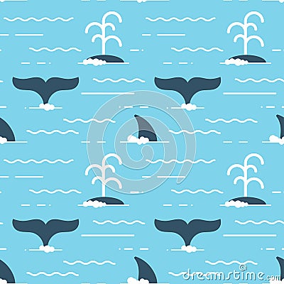 Vector seamless pattern with whale fins over the water. Vector Illustration