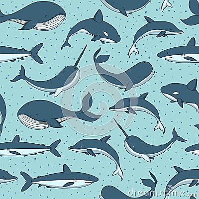 Vector seamless pattern with whale, shark, narwhal and dolphin on the polka dot blue background Vector Illustration