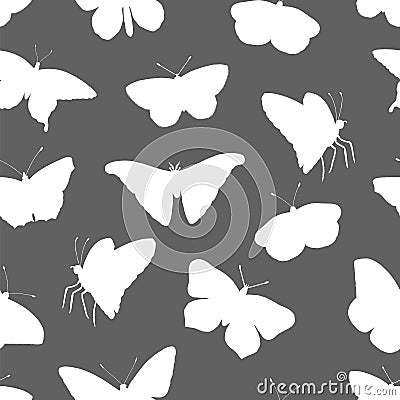 Vector seamless pattern of white butterflies silhouettes on grey background Vector Illustration