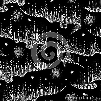 Vector seamless pattern with white dotted swirls of northern or polar light on the black background with stars. Aurora borealis. Vector Illustration