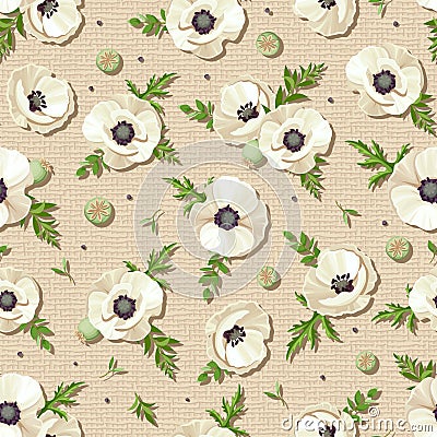 Seamless pattern with white poppies on a sacking background. Vector illustration. Vector Illustration