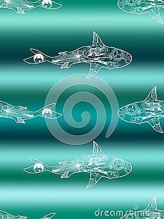 Vector seamless pattern of white shark silhouette swimming on gradient marine background. Doodle hand drawn shark Vector Illustration