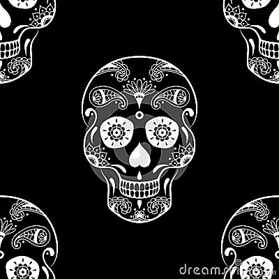 Vector seamless pattern of white sugar skull with floral ethnic ornament on black background Vector Illustration