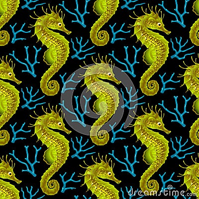 Vector Seamless Pattern whith Seahorse and Coral Vector Illustration