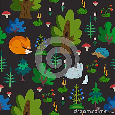 Vector seamless pattern with wild animals in forest. Hand drawn texture with cute fox, rabbit and hedgehog. Trees and other Vector Illustration