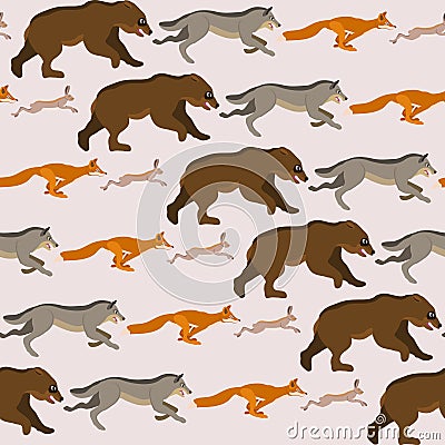 Vector seamless pattern with wild animals, running after each other. Vector Illustration